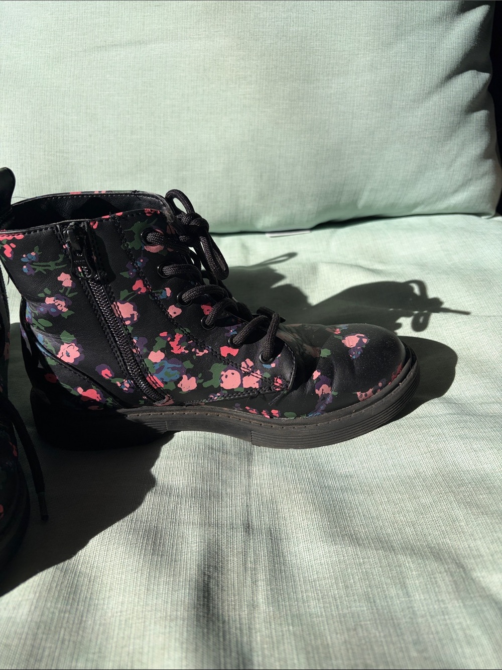 Kids Black Floral Lace-Up Boots with Pink Accents